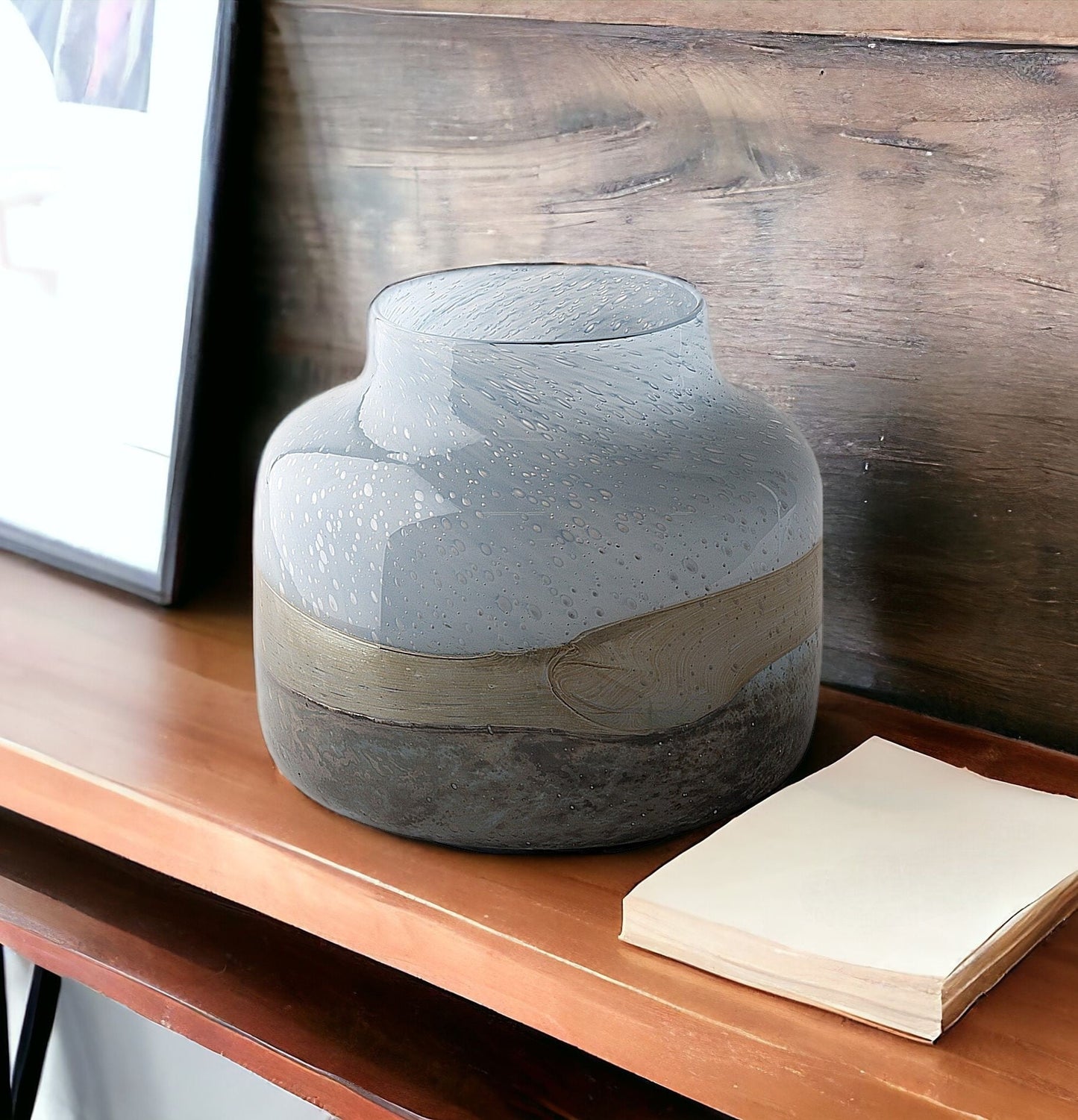 9" Blue And Brown Seeded Glass Table Vase