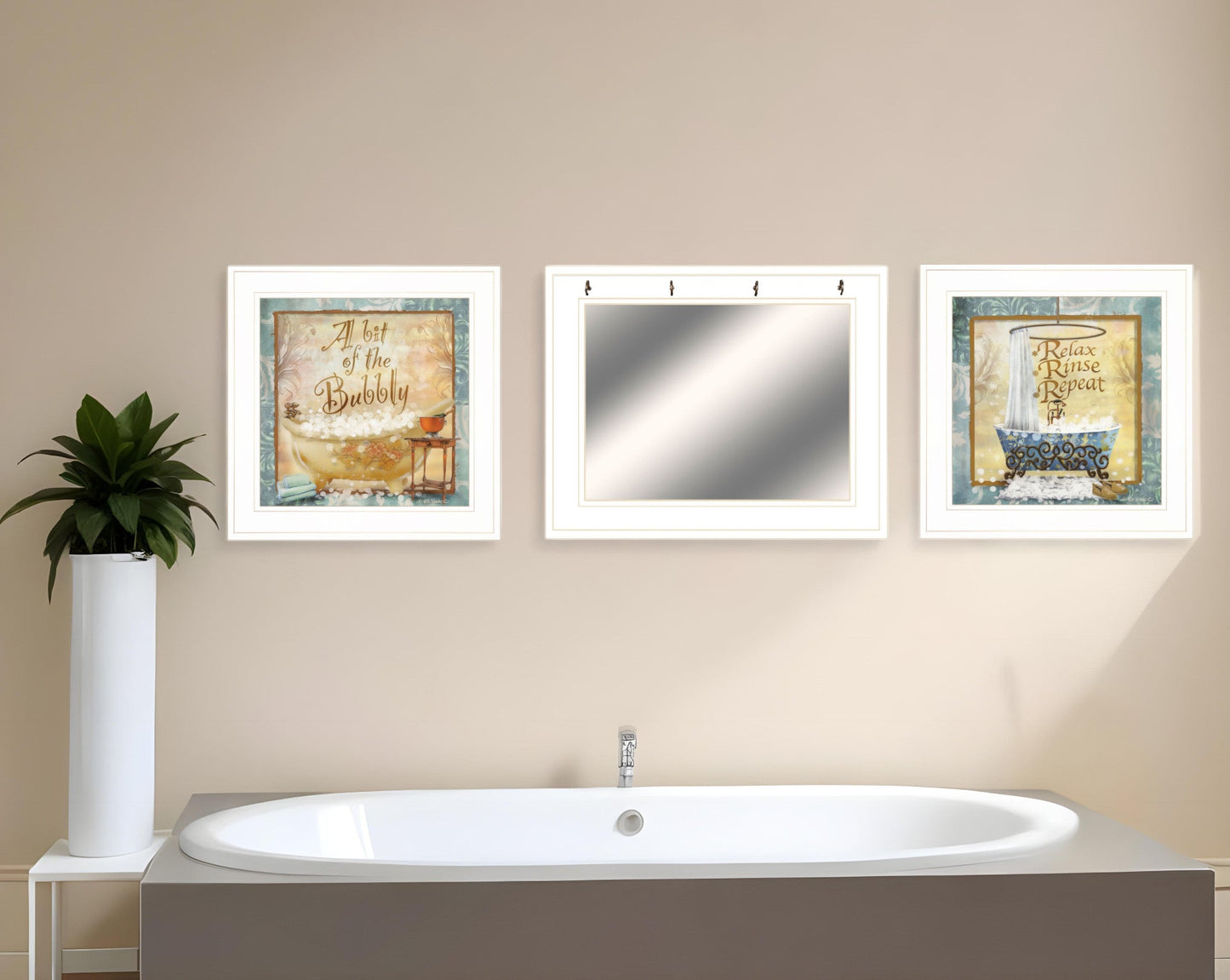 Set Of Three Bit of Bubbly White Framed Bathroom Wall Art With Mirror