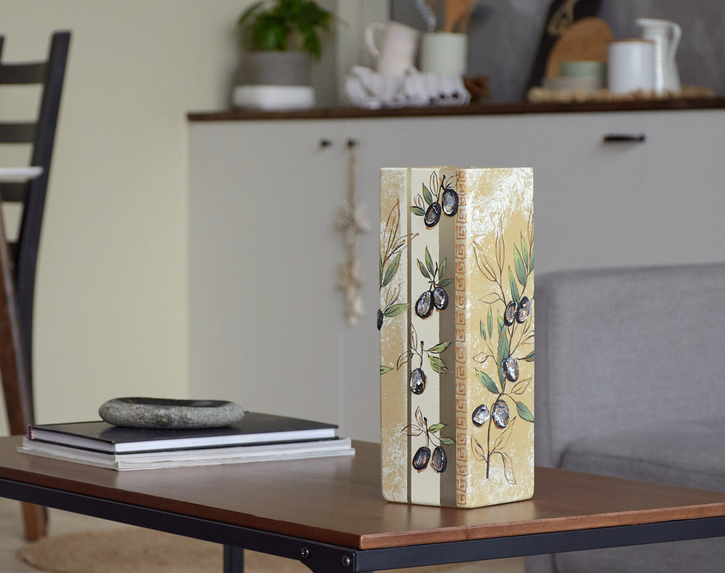 Handpainted Olives Glass Vase | Painted Art Glass Square Vase for