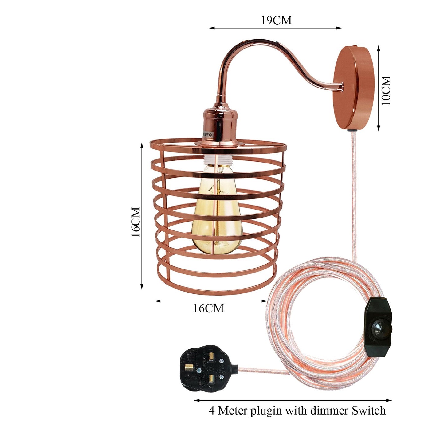 Retro Industrial Wall Sconce Light Plug in Wall Lamp Rose Gold~1564
