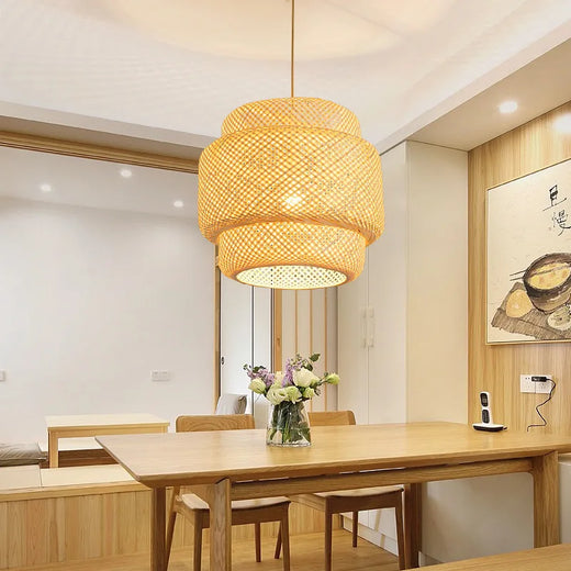 Hand Knitted Bamboo Tiered Lantern Pendant Lamp for Dining Room