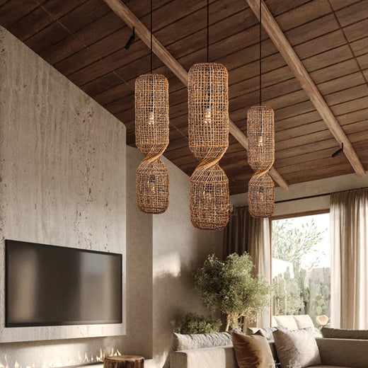 Hand Woven Rattan Column Pendant Light for Staircase and Living Room