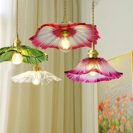 Vintage Flower Glass Pendant Light Collection with Brass Fitting for Bedroom