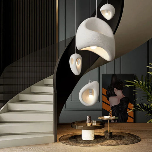 Wabi Sabi Organic Sculpted Pendant Light in White and Gray for Staircase
