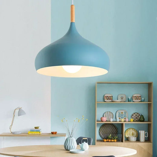 Nordic Matte Dome Pendant Light with Wood Top in Blue for Dining Room