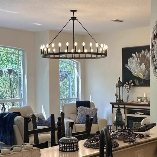 Rustic Wrought Iron Wagon Wheel Candle Chandelier for Living Room