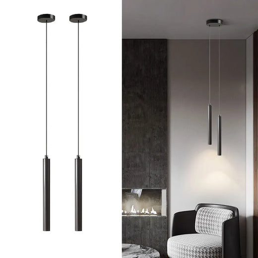 Minimalist Black LED Tube Pendant Light for Bedside and Hallway