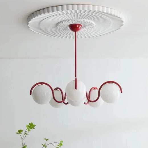 French Cream Squiggle Chandelier with Opal Glass Globes in Red and White