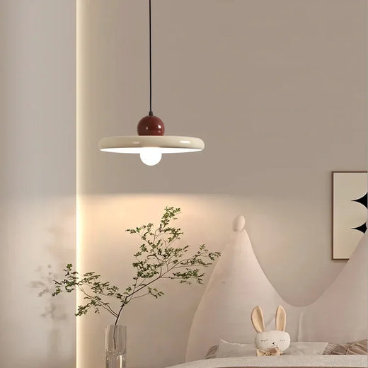 Nordic Cream Saucer Pendant Light with Red Knob for Bedroom 20 or 30cm