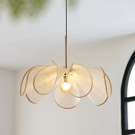 Japanese Linen Petal Pendant Light with Brass Stem for Bedroom