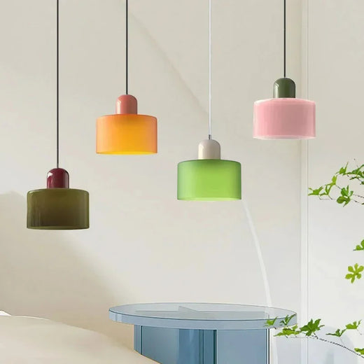 Retro Stained Glass Cylinder Pendant Light in Pastel Colors for Bedside