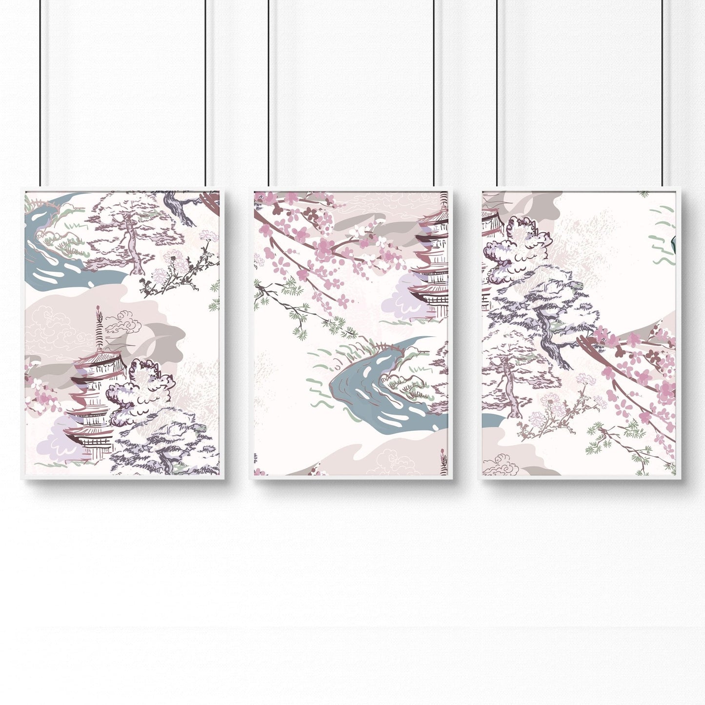 Set of 3 wall art for living room | set of 3 Chinoiserie wall art