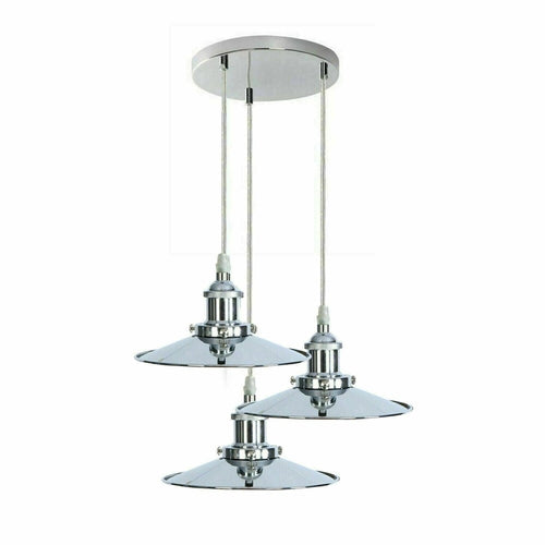 3 Head Pendant Hanging Light Polished Chrome Metal Flat Lamp Shade ~