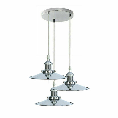 3 Head Pendant Hanging Light Polished Chrome Metal Flat Lamp Shade ~
