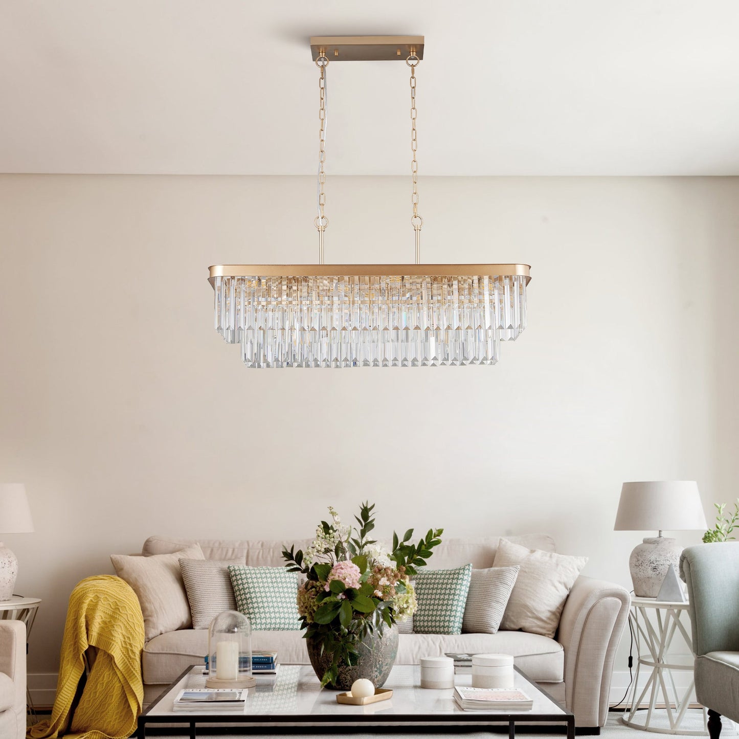 Chandeliers,Rectangular Crystal Chandelier Adjustable,E12 Modern