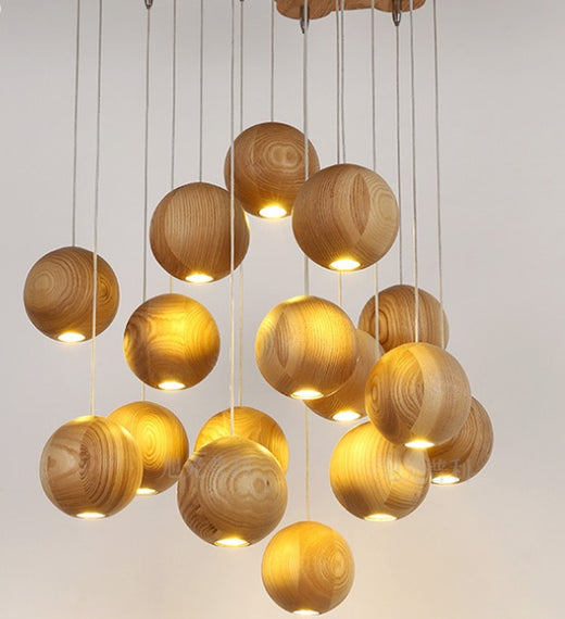 Candelabro de bola de madera maciza nórdica, luz colgante minimalista
