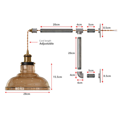 Industrial conduit Straight pipe with amber glass shade Wall Light kit