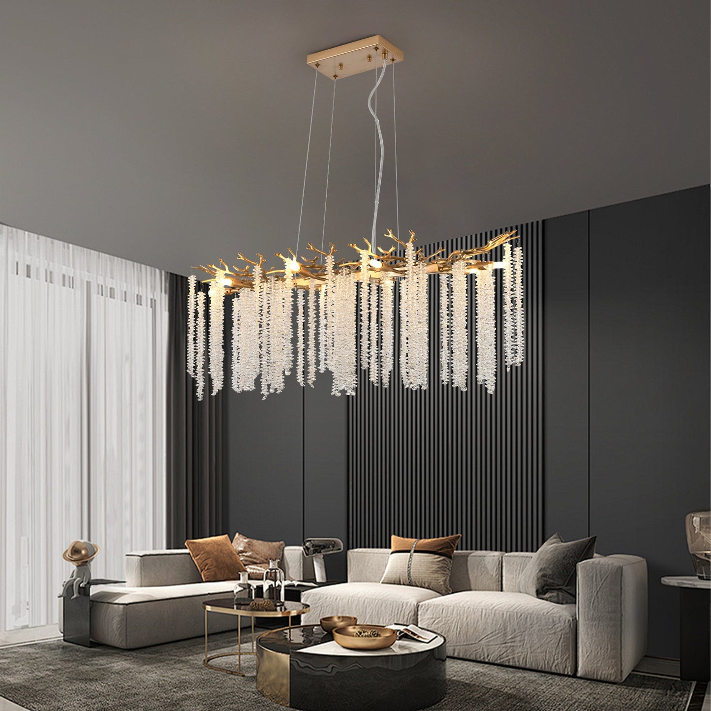 39.4-inch Modern Golden Pendant Light with Cascading Crystal Strands,