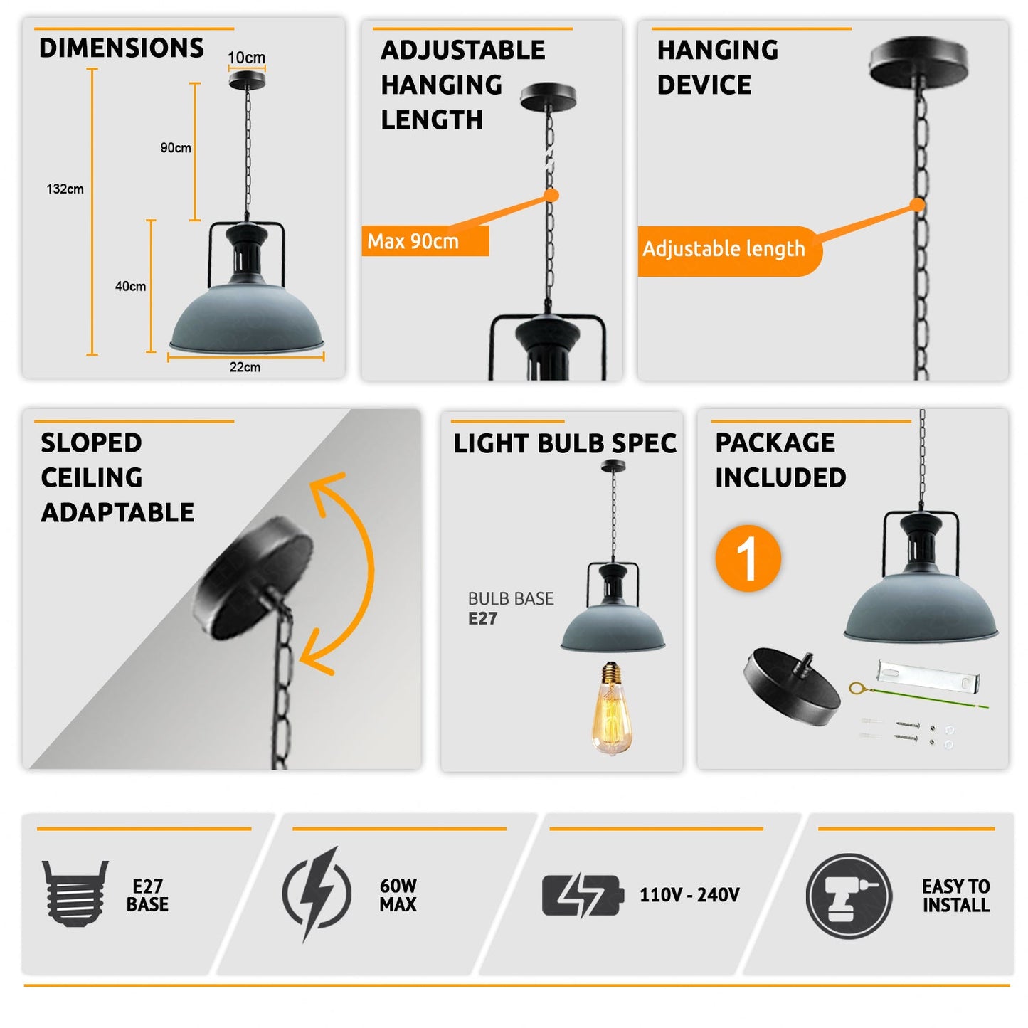 Grey Industrial Metal  Chain Pendant Light~3807