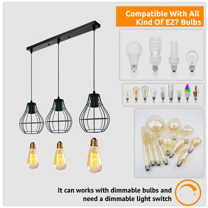 Black Wire Rectangle Base 3 Head Pendant Light Fixture~3877