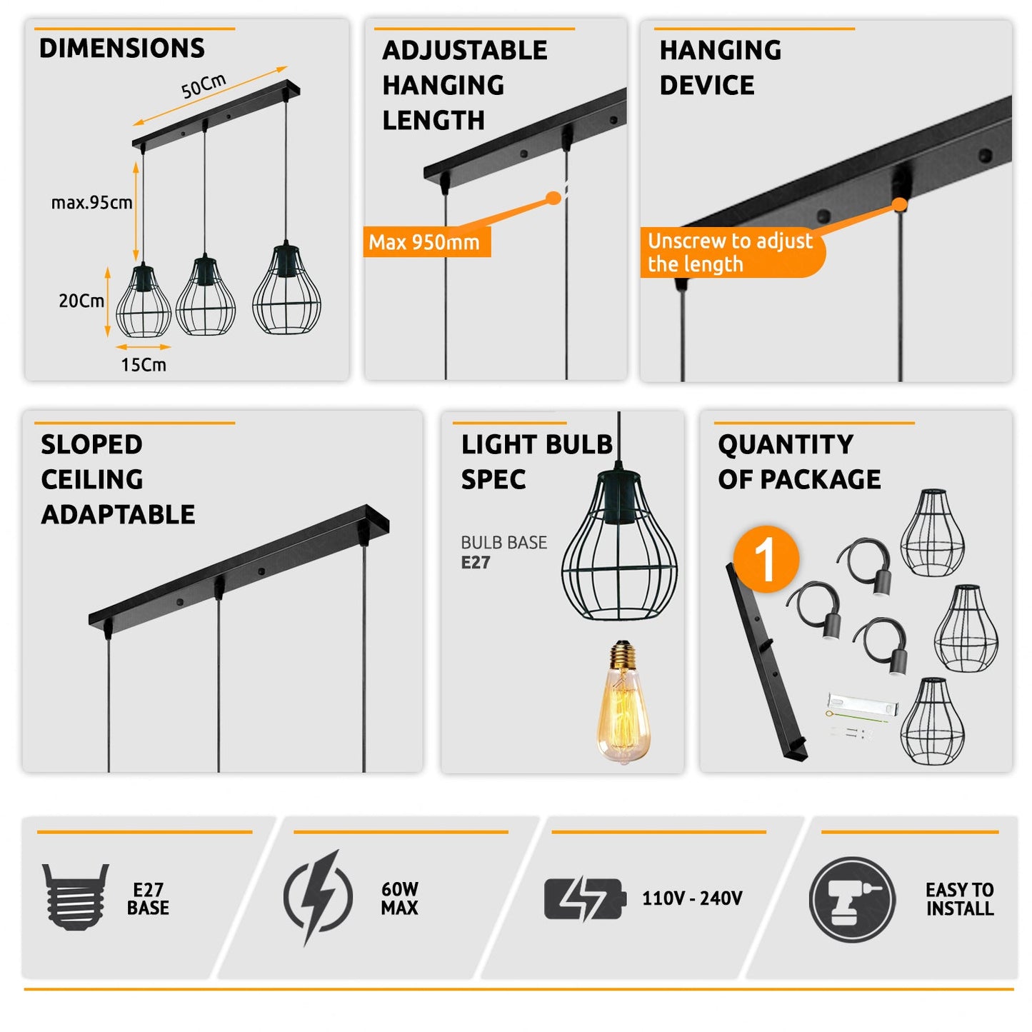 Black Wire Rectangle Base 3 Head Pendant Light Fixture~3877