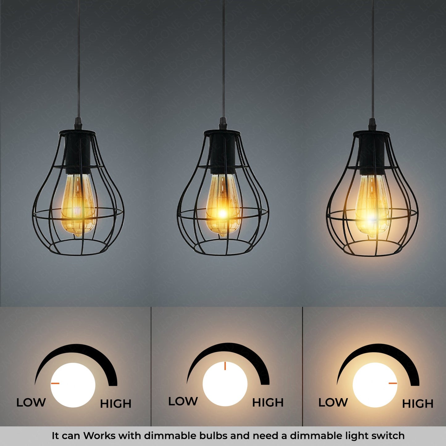 Black Wire Rectangle Base 3 Head Pendant Light Fixture~3877