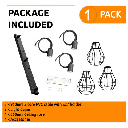 Black Wire Rectangle Base 3 Head Pendant Light Fixture~3877