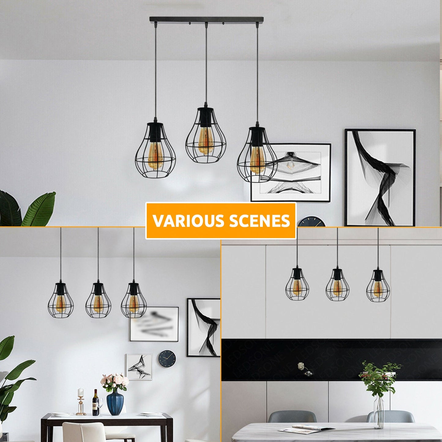 Black Wire Rectangle Base 3 Head Pendant Light Fixture~3877