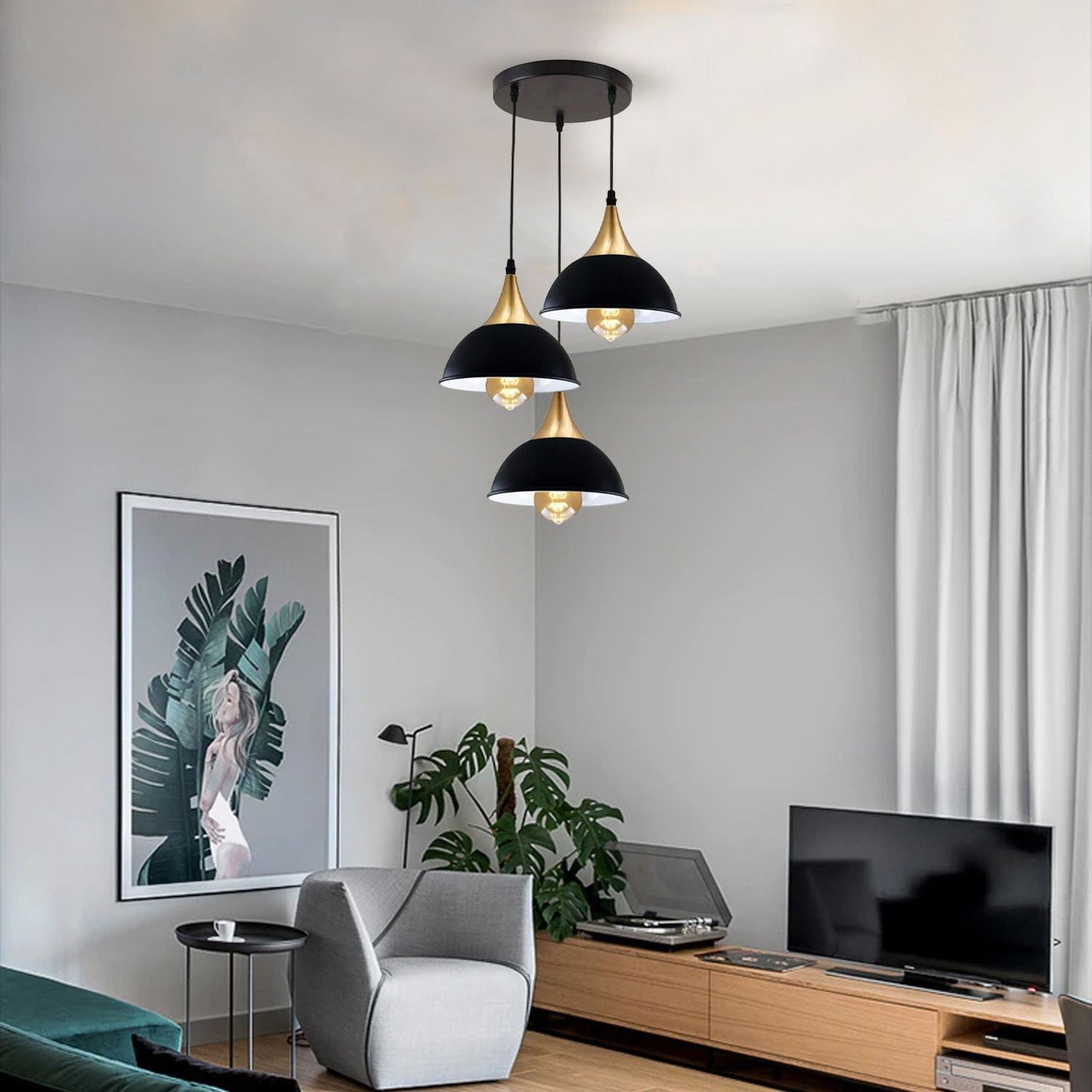 3Way Hanging Ceiling Pendant Light Black Dome Shade~3396