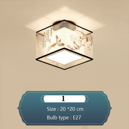 Chinese Round Square Ceiling Lights Fixtures Fabric For Living Room Aisle Shade Mounted Lamp