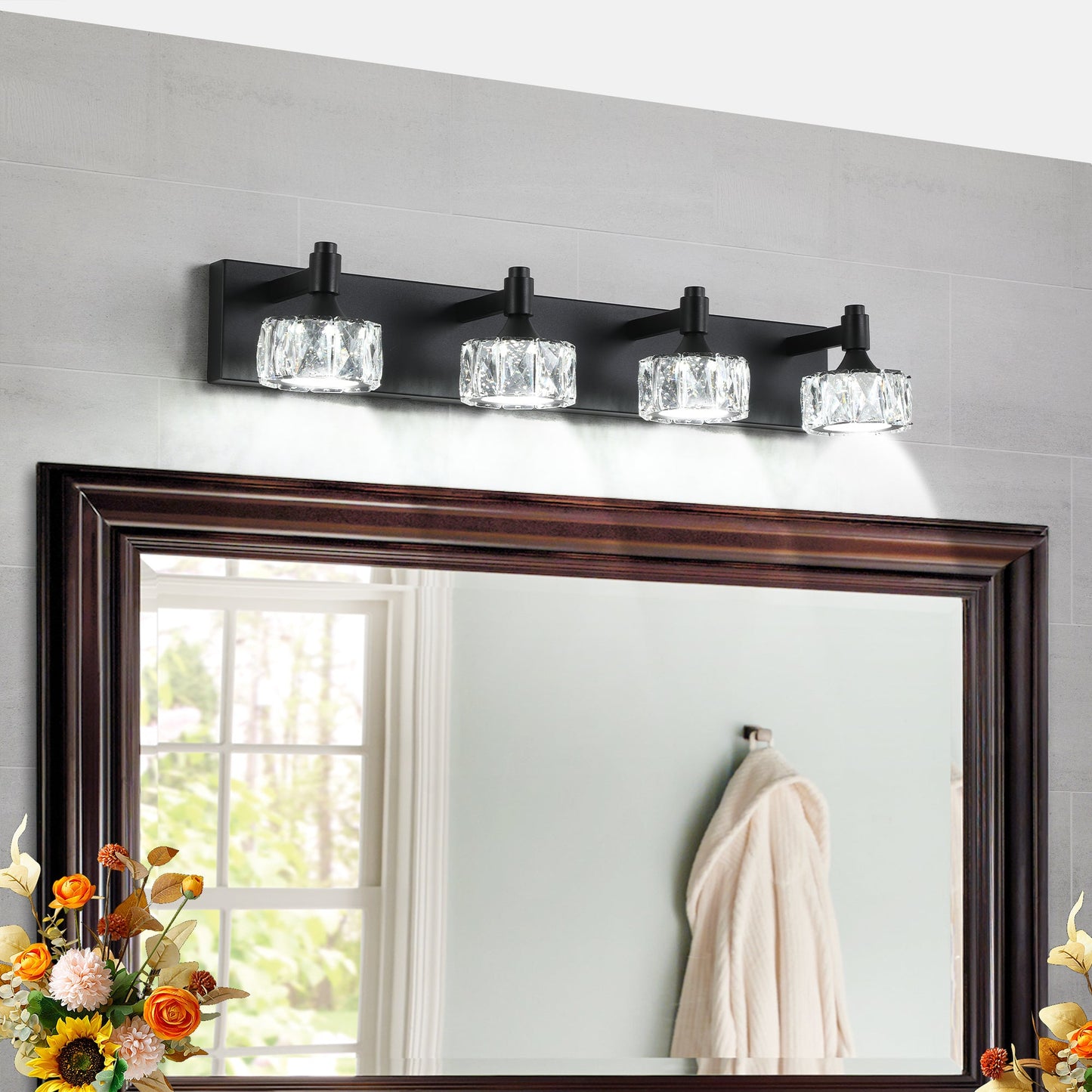 Modern 4-Light Matte Black LED Vanity Light Fixture with Crystal Glass