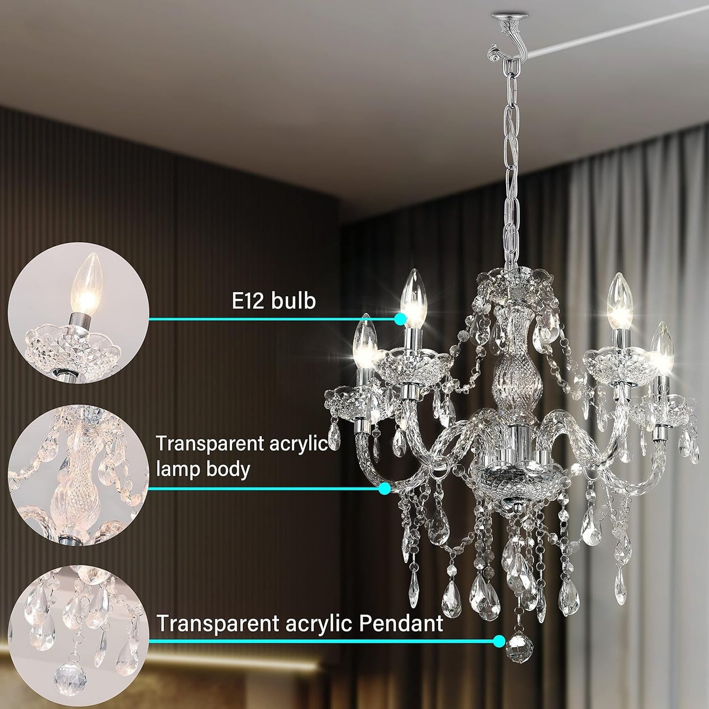 Plug-In 5 Light Crystal Hanging Pendant Lights Acrylic Chandelier with