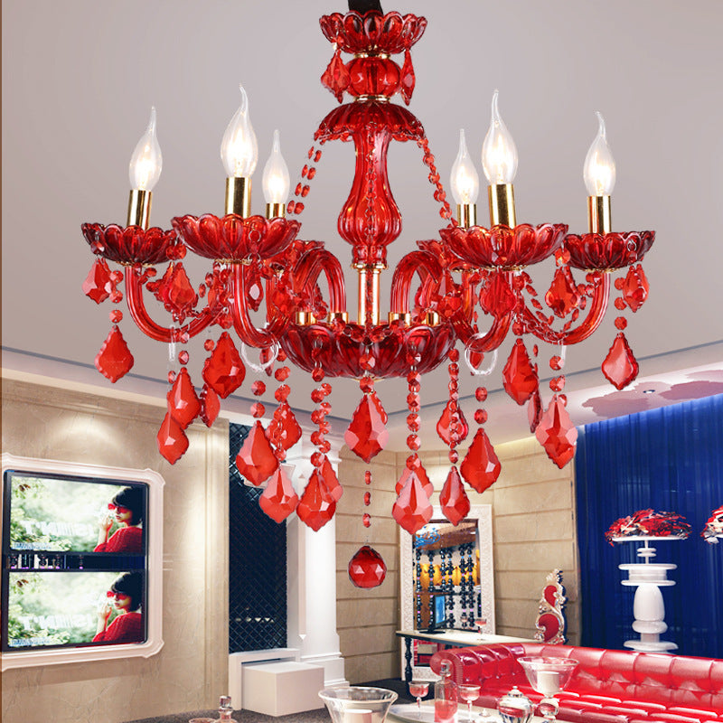 European-style Chandelier Red Color Crystal Lamp Living Room