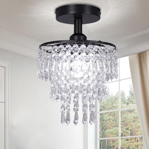 Small Crystal Chandelier Flush Mount Ceiling Light 3 Tiers Raindrops