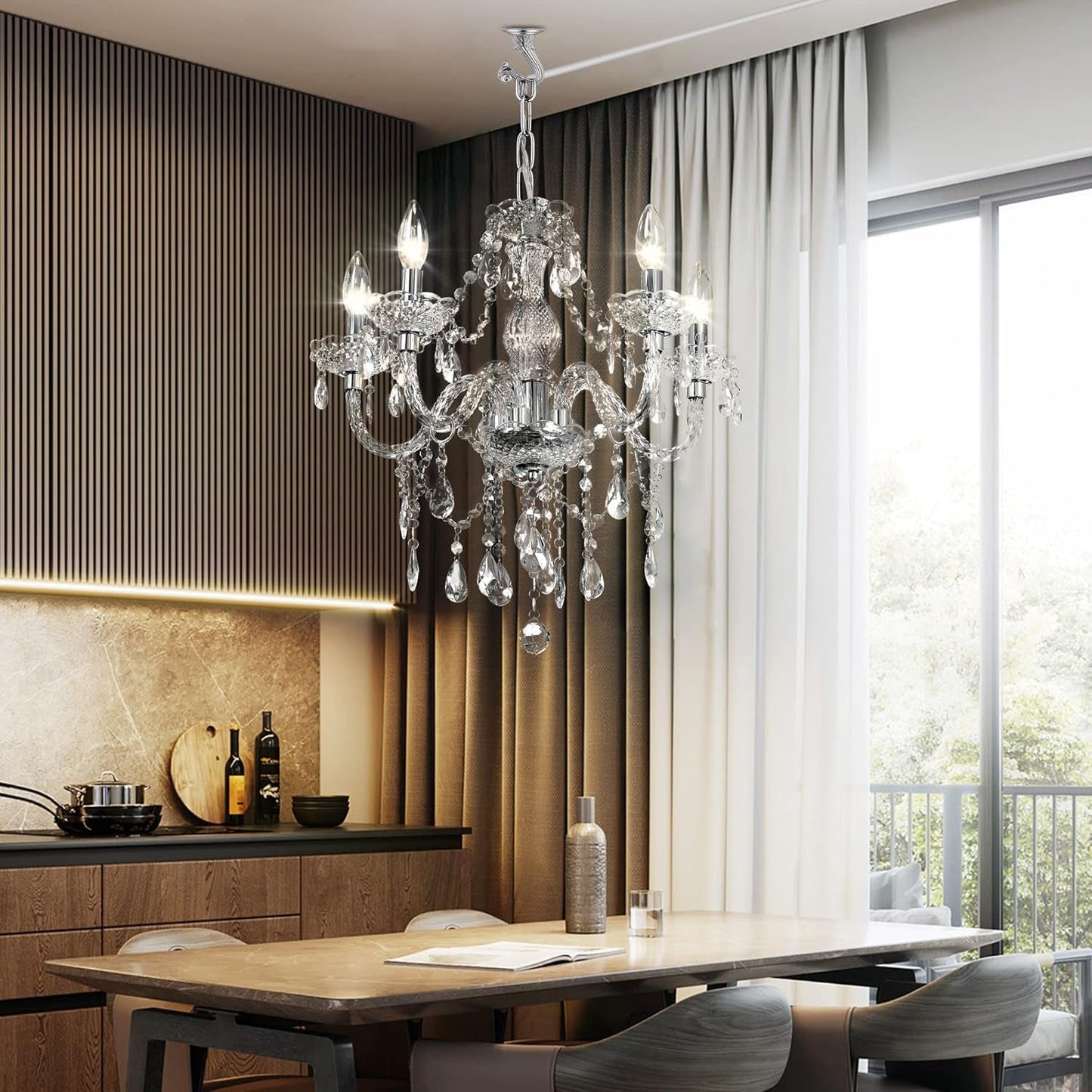 Plug-In 5 Light Crystal Hanging Pendant Lights Acrylic Chandelier with