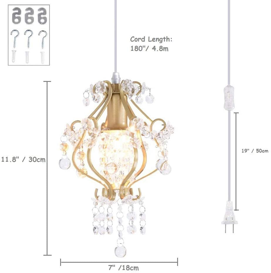 Elegant Mini Chandelier Plug in Crystal Pendant Light,Golden