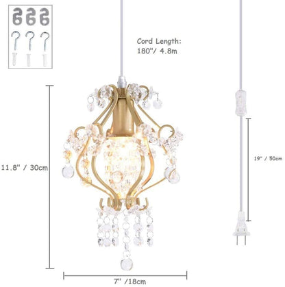 Elegant Mini Chandelier Plug in Crystal Pendant Light,Golden