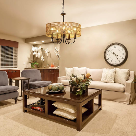 Modern Farmhouse Chandelier Light Fixtures, 5-Lights Large Rattan