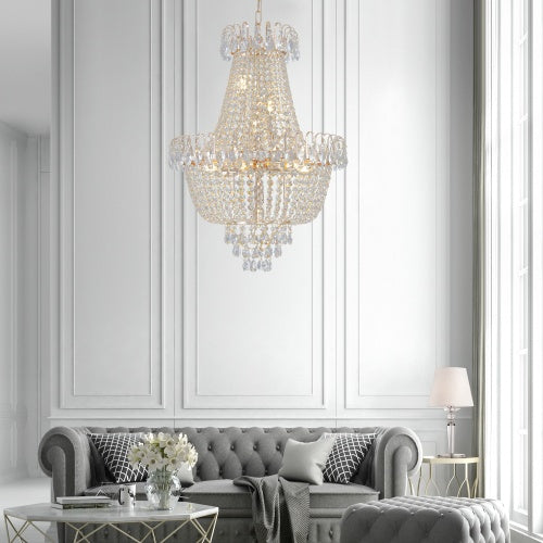 Golden Crystal Chandelier – Large Modern Luxury Ceiling Light for Living Room, Dining, Bedroom, or Hallway