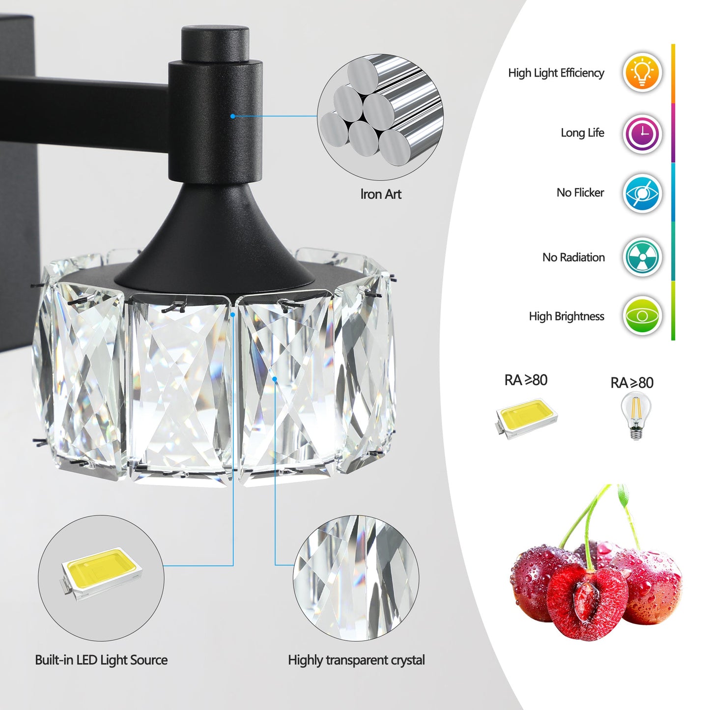 Modern 4-Light Matte Black LED Vanity Light Fixture with Crystal Glass