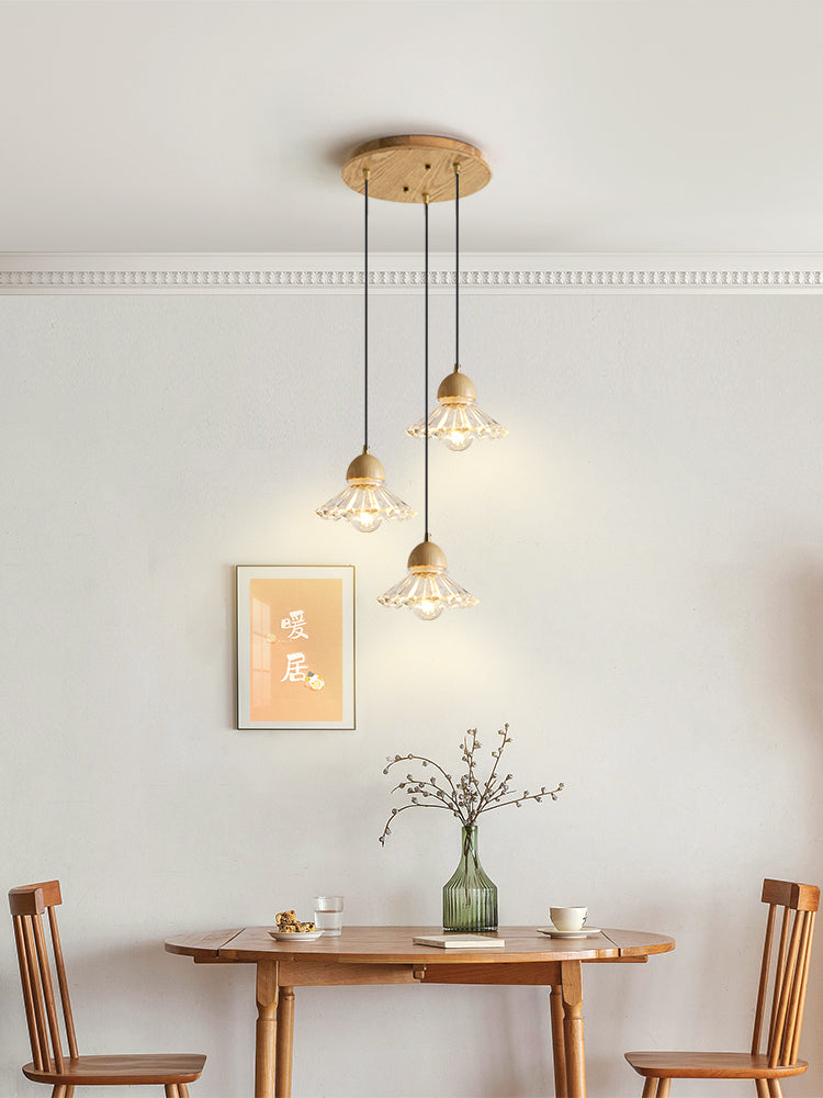 Candelabro colgante nórdico de tres cabezas de madera y vidrio