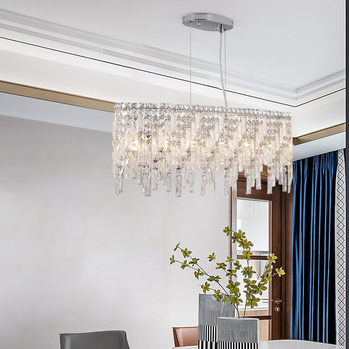 Silver Elegant Oval Crystal Chandelier, Modern Ceiling Light Fixture