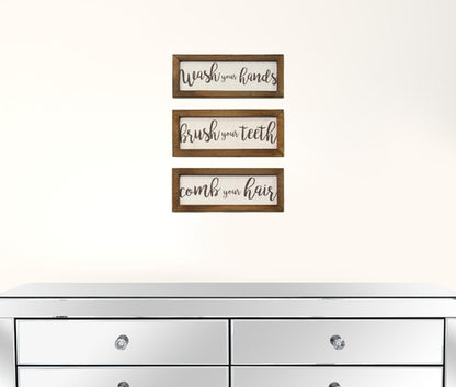 Set of 3 Linen Bathroom Rules Wood Framed Wall Art