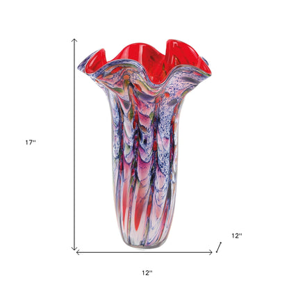 17" Blue Red And White Abstract Wavy Murano Glass Table Vase