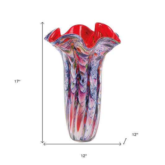 17" Blue Red And White Abstract Wavy Murano Glass Table Vase