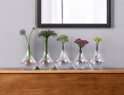Set of Five Clear Bud Cojoined Glass Table Vases