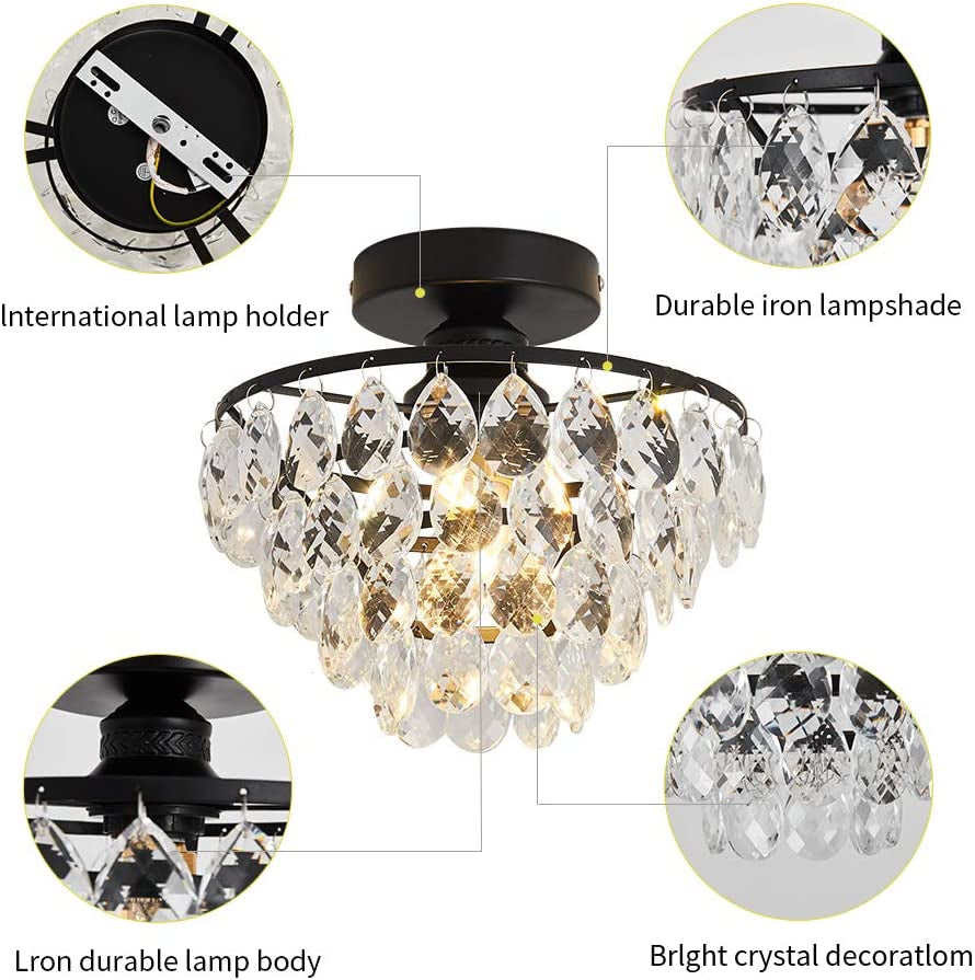 Modern Small Crystal Ceiling Light Fixture Mini Black Semi Flush Mount