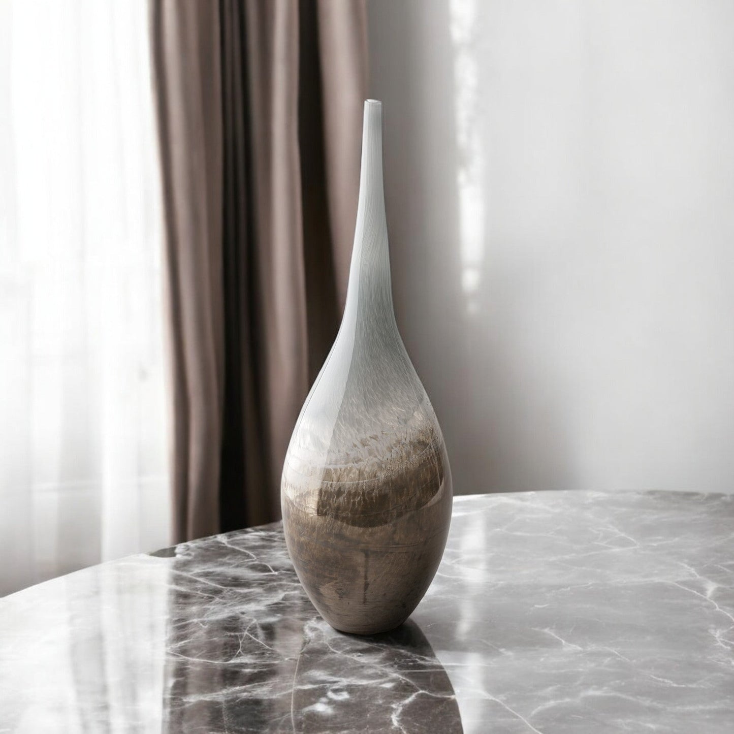 21" Blue Gray and Taupe Handblown Spun Glass Vase