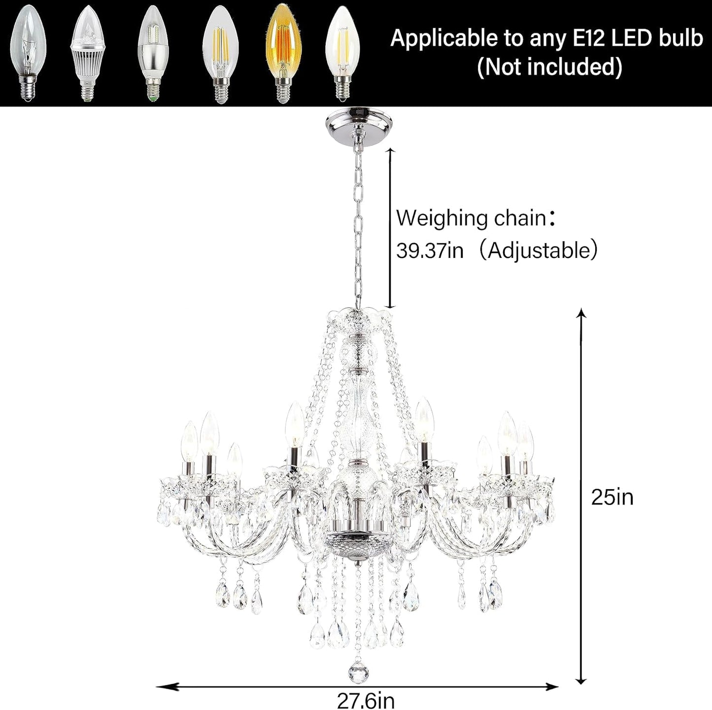 Crystal Chandeliers Clear Chandelier 25 * 27.5In 10-Light Modern