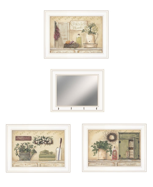 Set Of Four Garden Bath White Framed Bathroom Wall Art And Mirror With